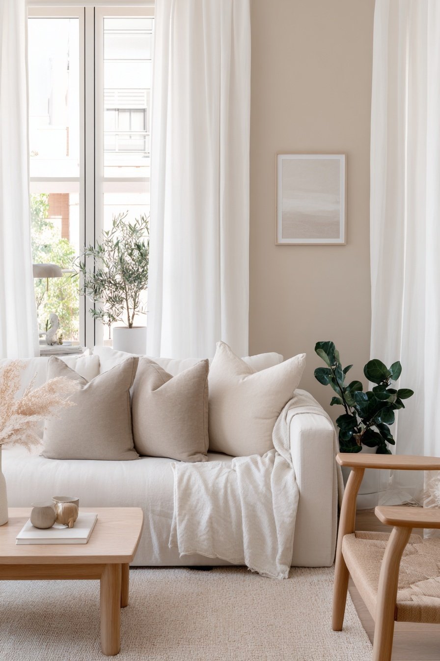Beiges Wohnzimmer mit weißem Sofa, Vorhängen und natürlichen Holzmöbeln