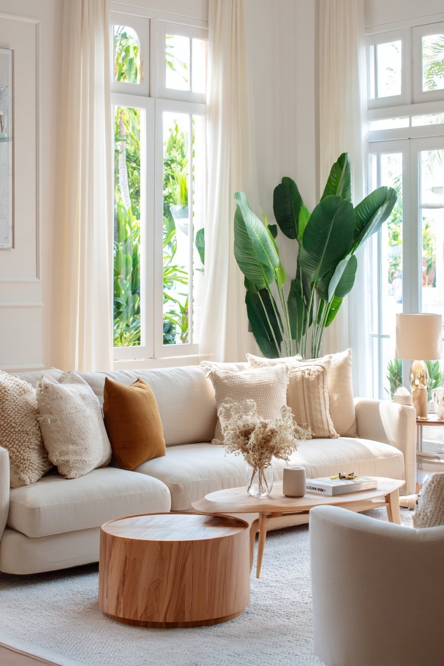 Modernes Wohnzimmer mit beiger Wandfarbe, cremefarbenem Sofa und großen Zimmerpflanzen vor bodentiefen Fenstern