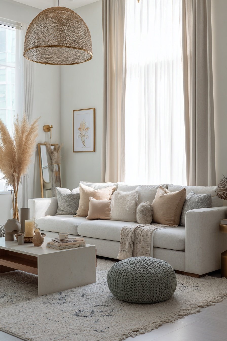 Wohnzimmer in Beige- und Naturtönen mit heller Wandfarbe und dekorativen Kissen