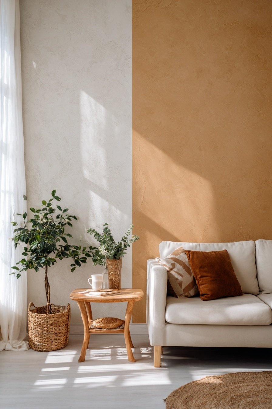 Modernes Wohnzimmer mit zweifarbiger Wand in Ocker und Weiß, Naturdeko und Sofa