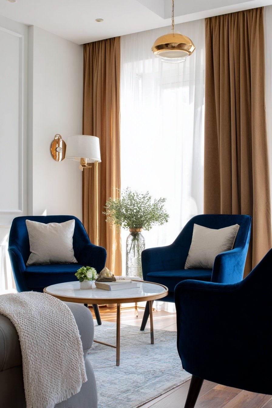 Wohnzimmer mit weißen Wänden, blauen Samtsesseln und goldenen Akzenten