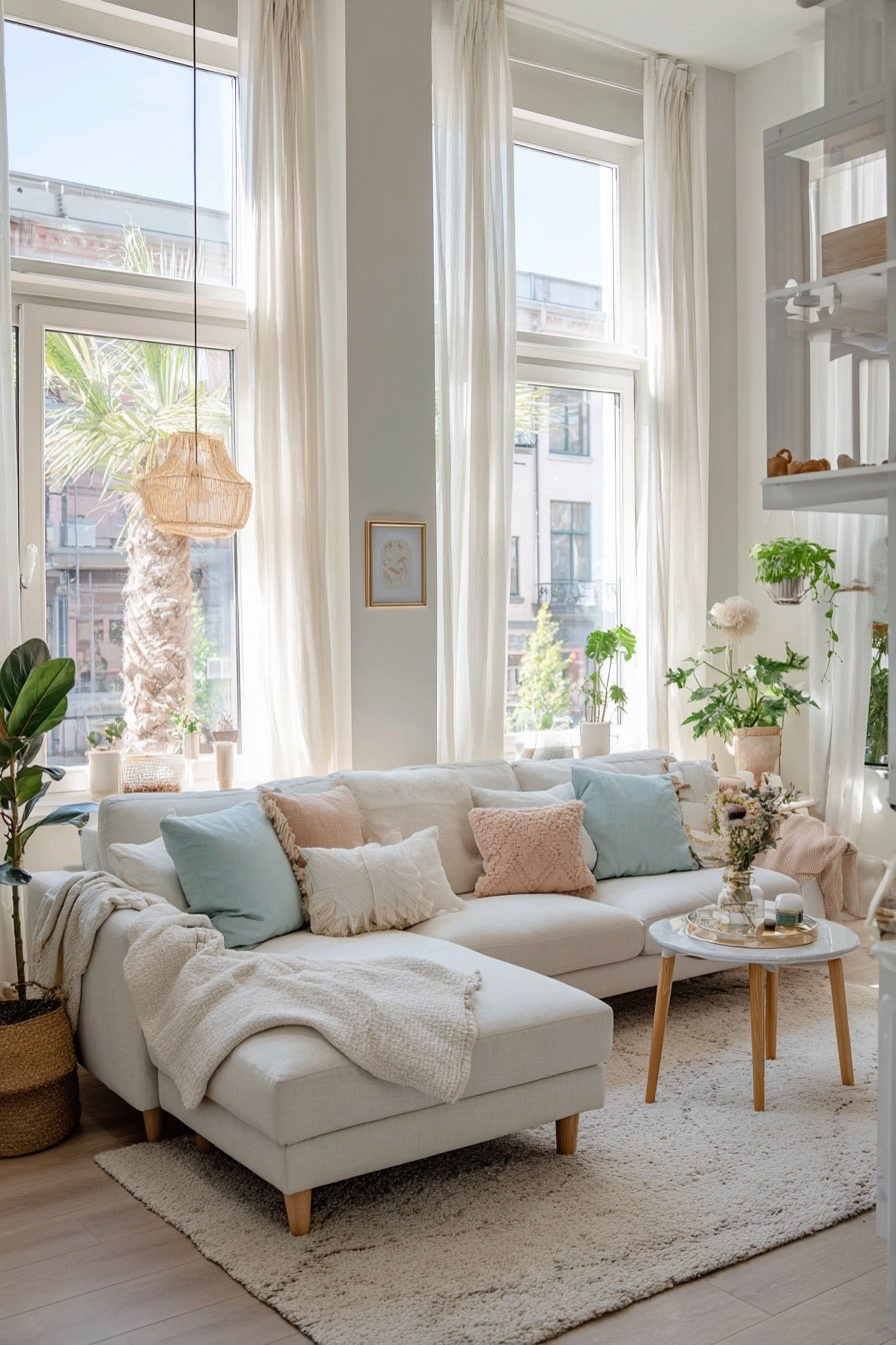 Helles Wohnzimmer mit sanften Wandfarben, beiger Couch und pastellfarbenen Kissen