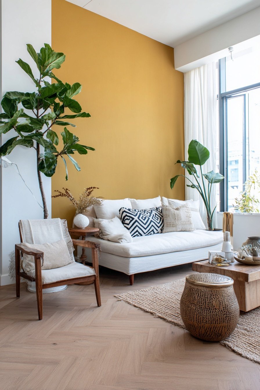 Wohnzimmer mit senfgelber Akzentwand, weißem Sofa und Pflanzen