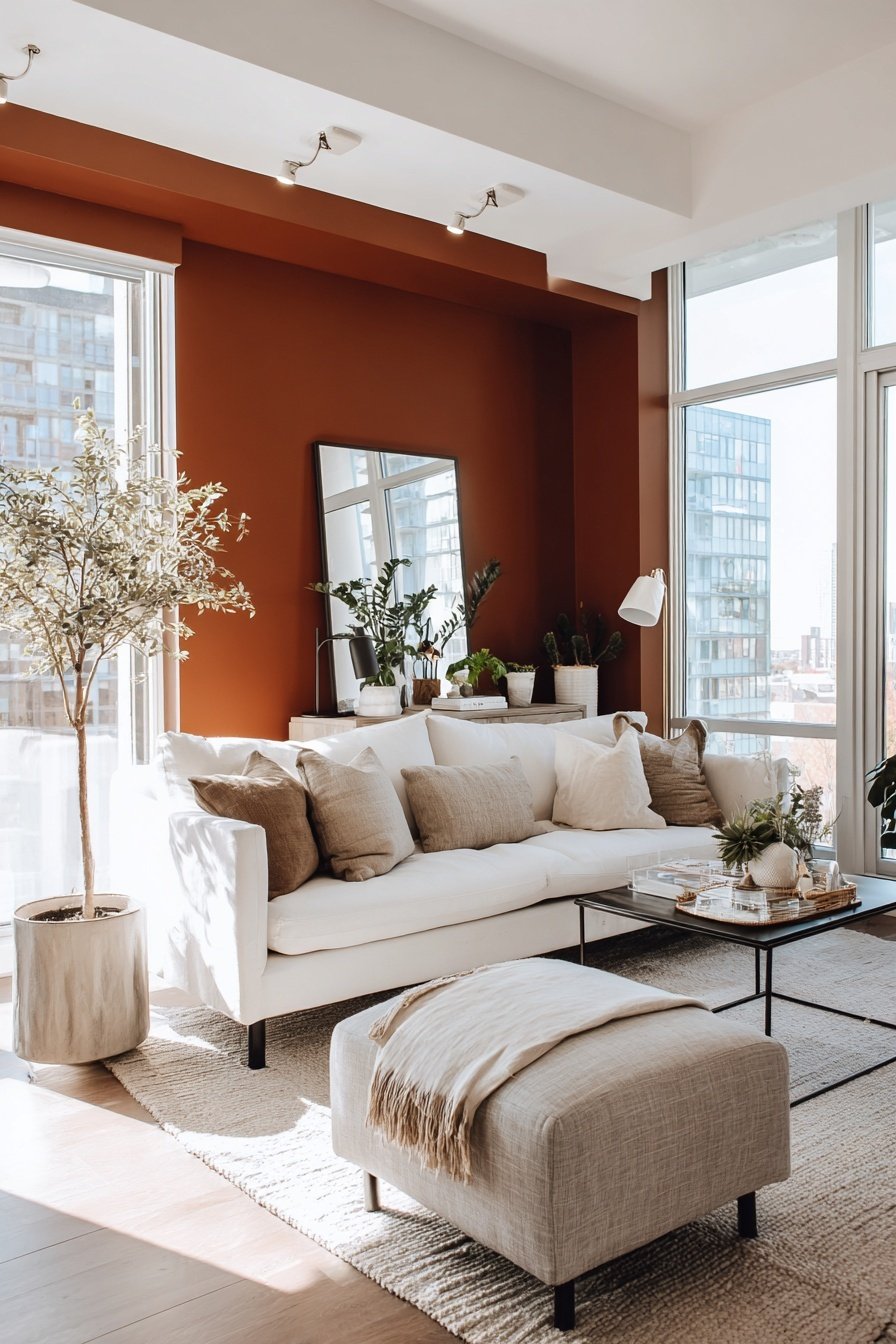 Modernes Wohnzimmer mit terrakottafarbener Wand und beiger Couch