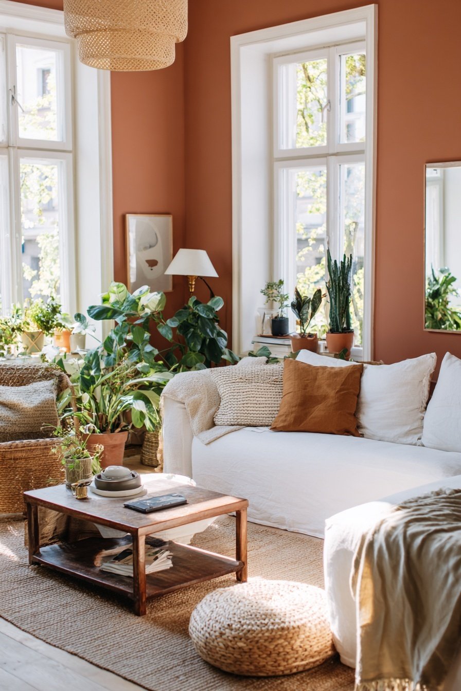 Wohnzimmer mit terrakottafarbener Wand, vielen Pflanzen und Naturmaterialien