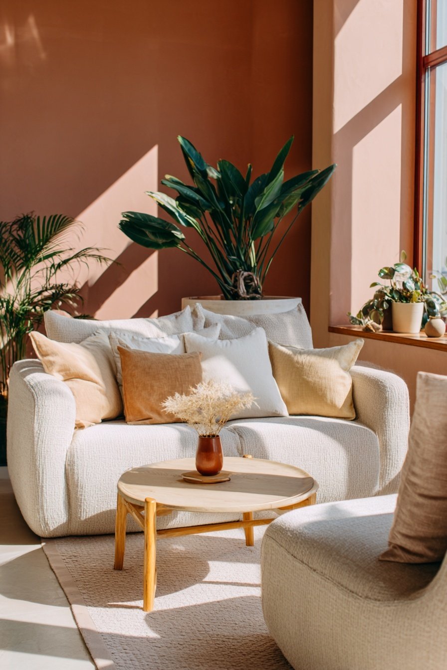 Wohnzimmer mit warmen terrakottafarbenen Wänden, hellem Sofa und Pflanzen