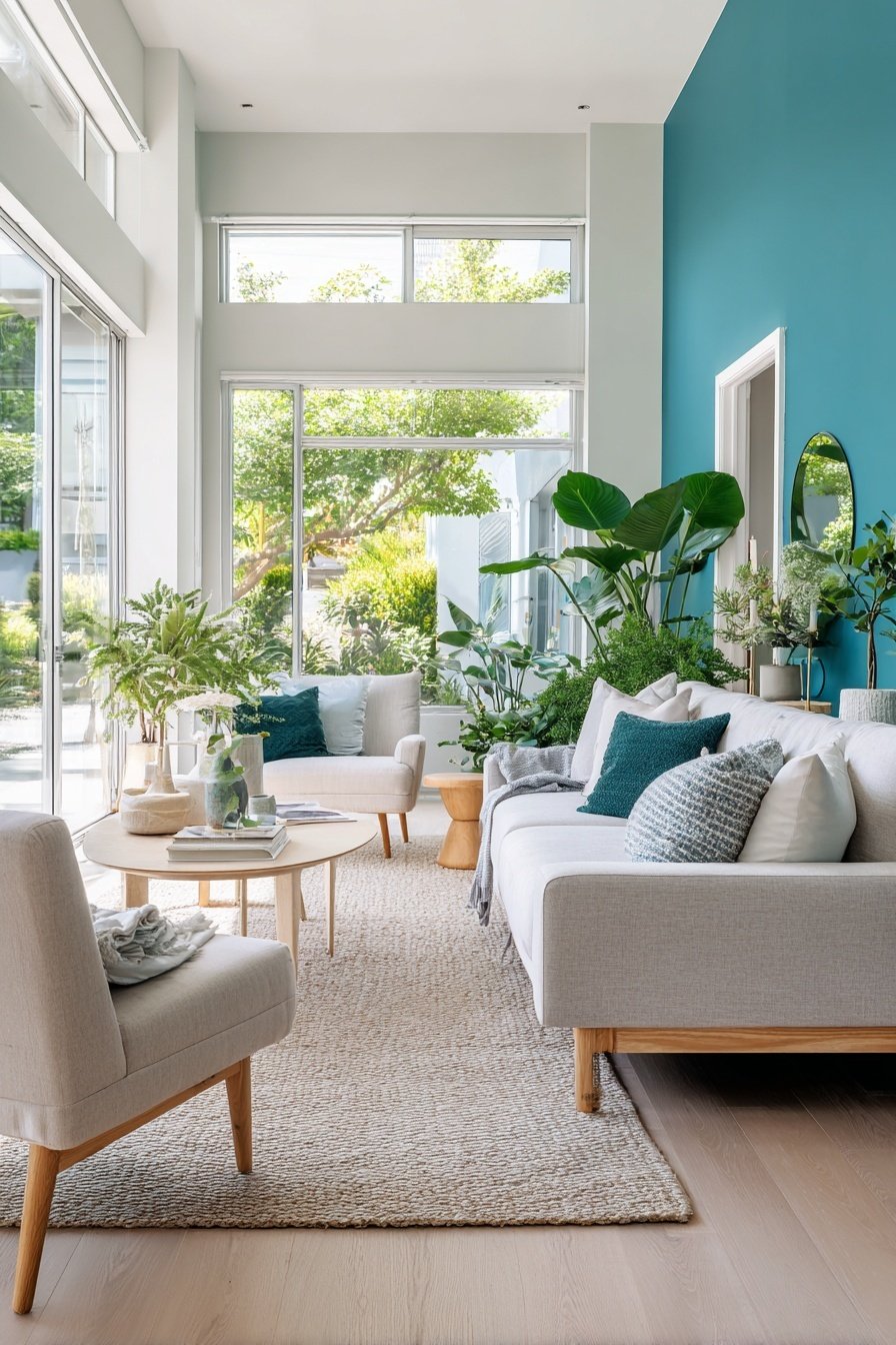 Modernes Wohnzimmer mit türkisblauer Wand und hellen Möbeln