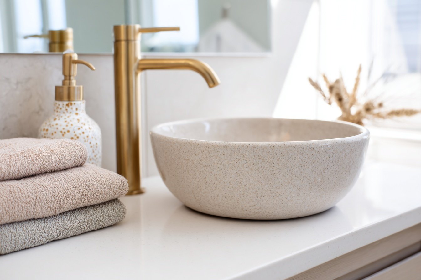 Beiger Waschtisch mit goldener Armatur und gefalteten Handtüchern