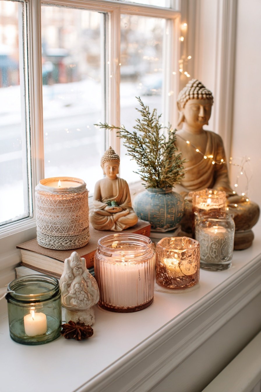 Kerzen, Buddha-Figuren und Tannenzweig auf einer Fensterbank im Winter