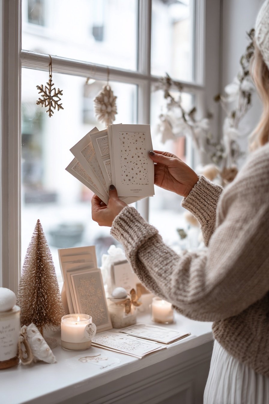 Frau dekoriert Fensterbank winterlich mit Kerzen, Karten und Naturdeko
