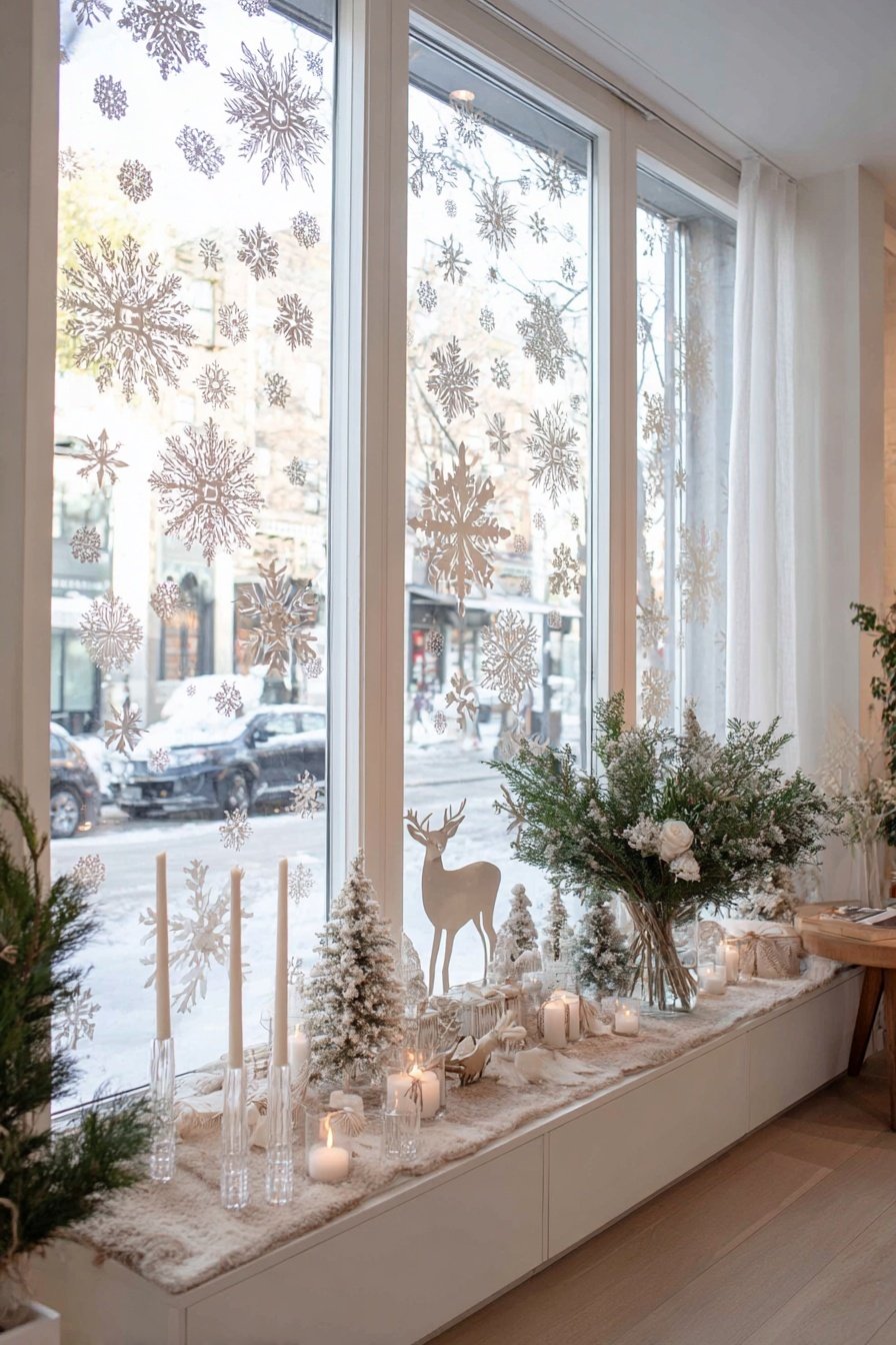 Fensterbank mit Winterdeko aus Kerzen, kleinen Tannen, Schneeflocken-Aufklebern und Holzrentier