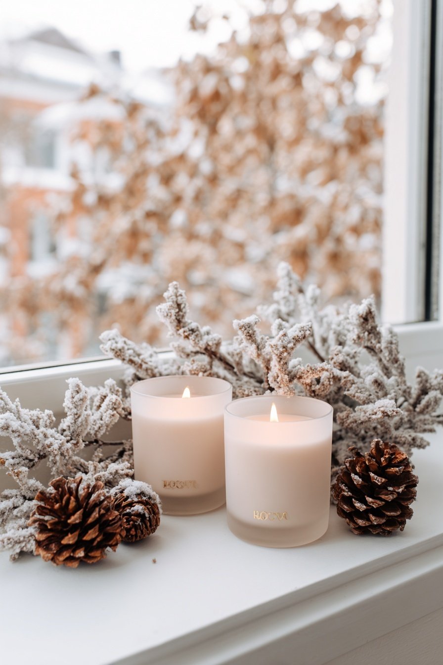 Zwei brennende Kerzen mit Tannenzapfen und schneebedeckten Zweigen auf einer Fensterbank