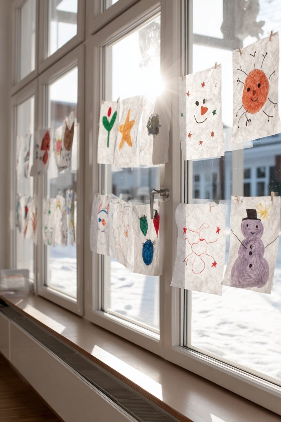 Fenster mit aufgehängten, bunten Kinderzeichnungen als Winterdeko