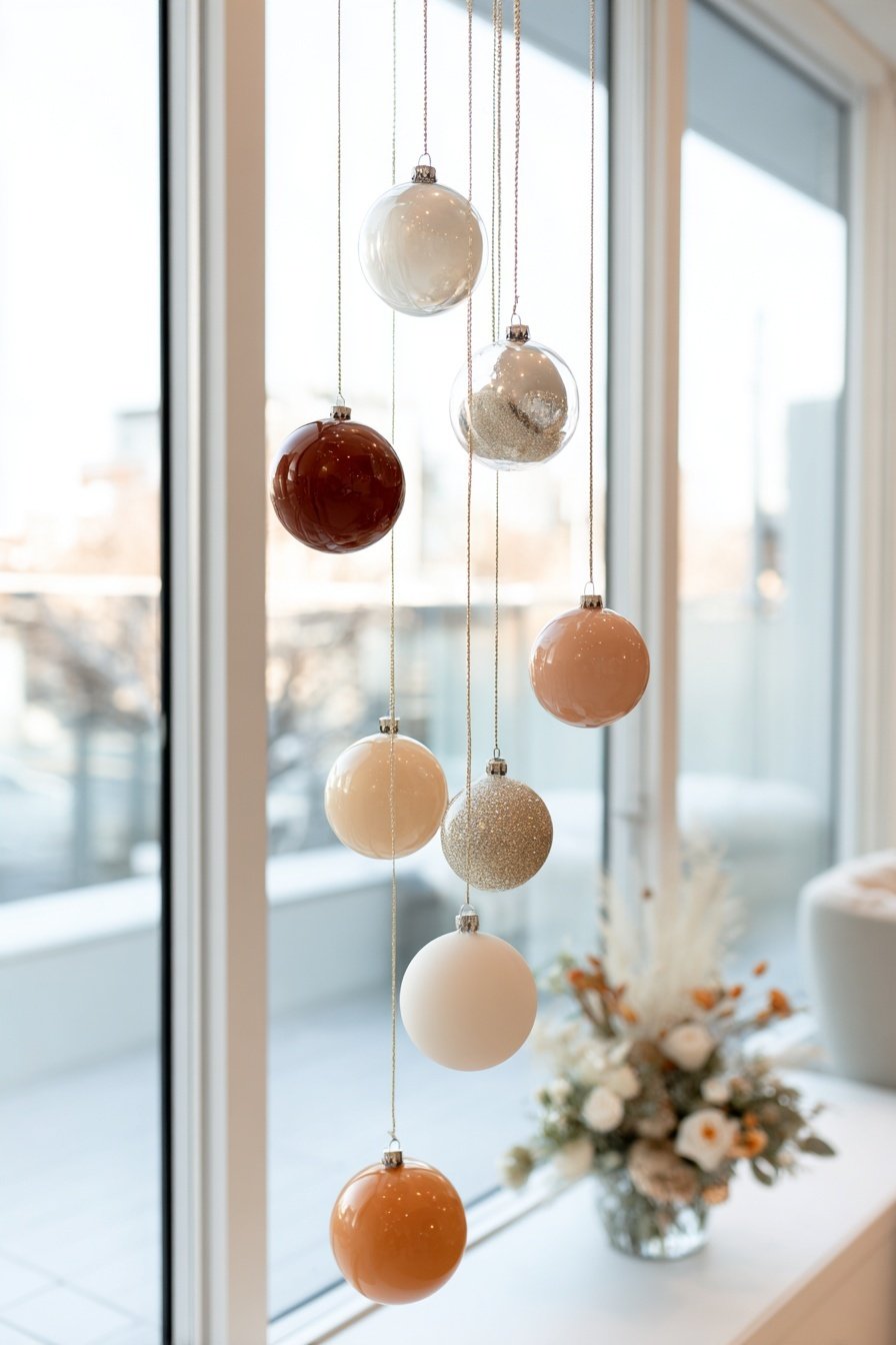 Hängende Weihnachtskugeln in Creme- und Brauntönen am Fenster