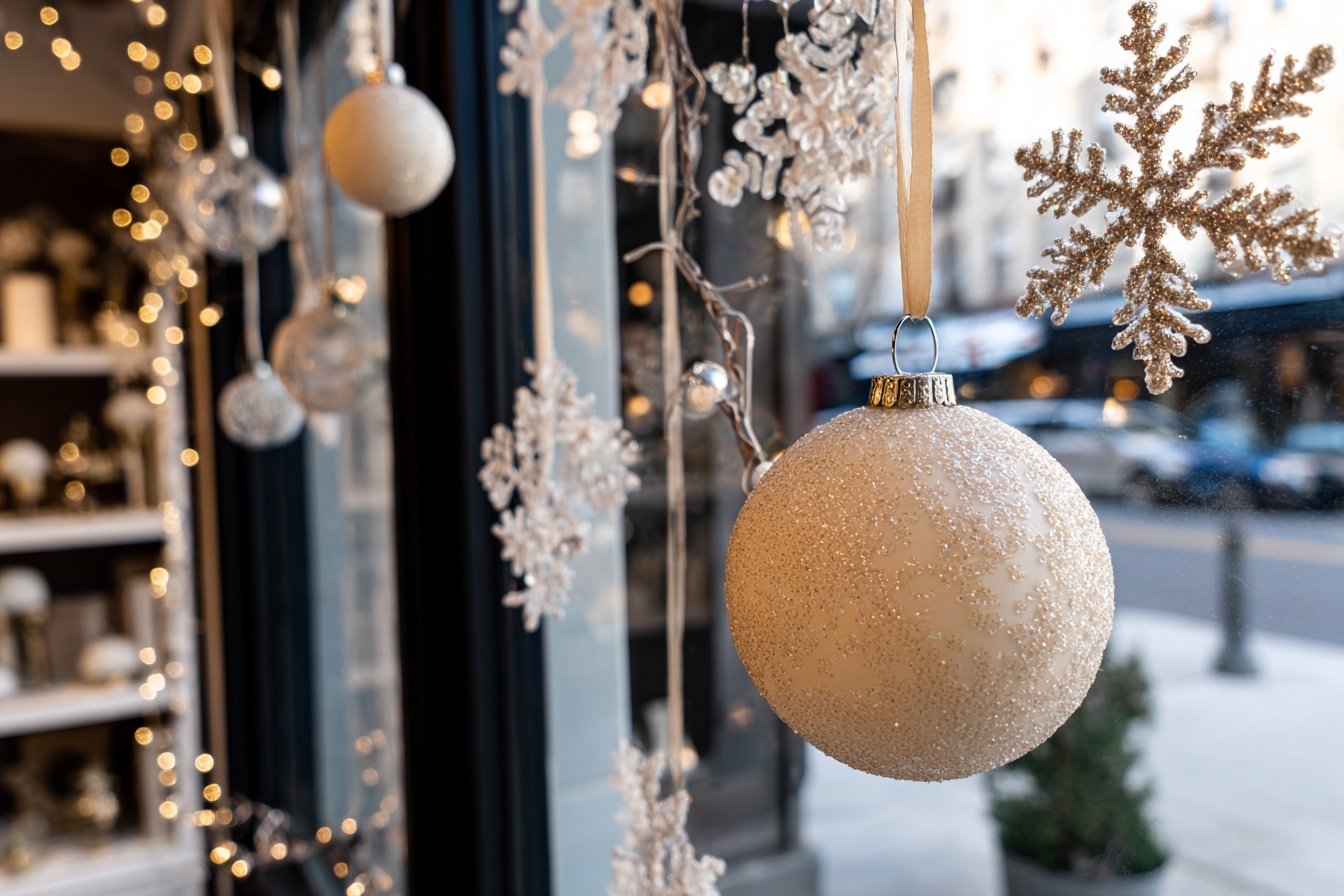 Winterlich dekoriertes Fenster mit glitzernden Kugeln und Schneeflocken