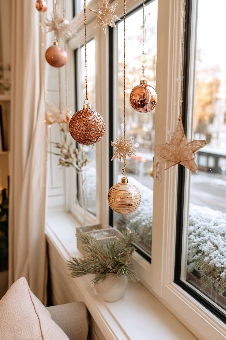 Goldene Weihnachtskugeln und glitzernde Sterne hängen vor einem winterlich geschmückten Fenster