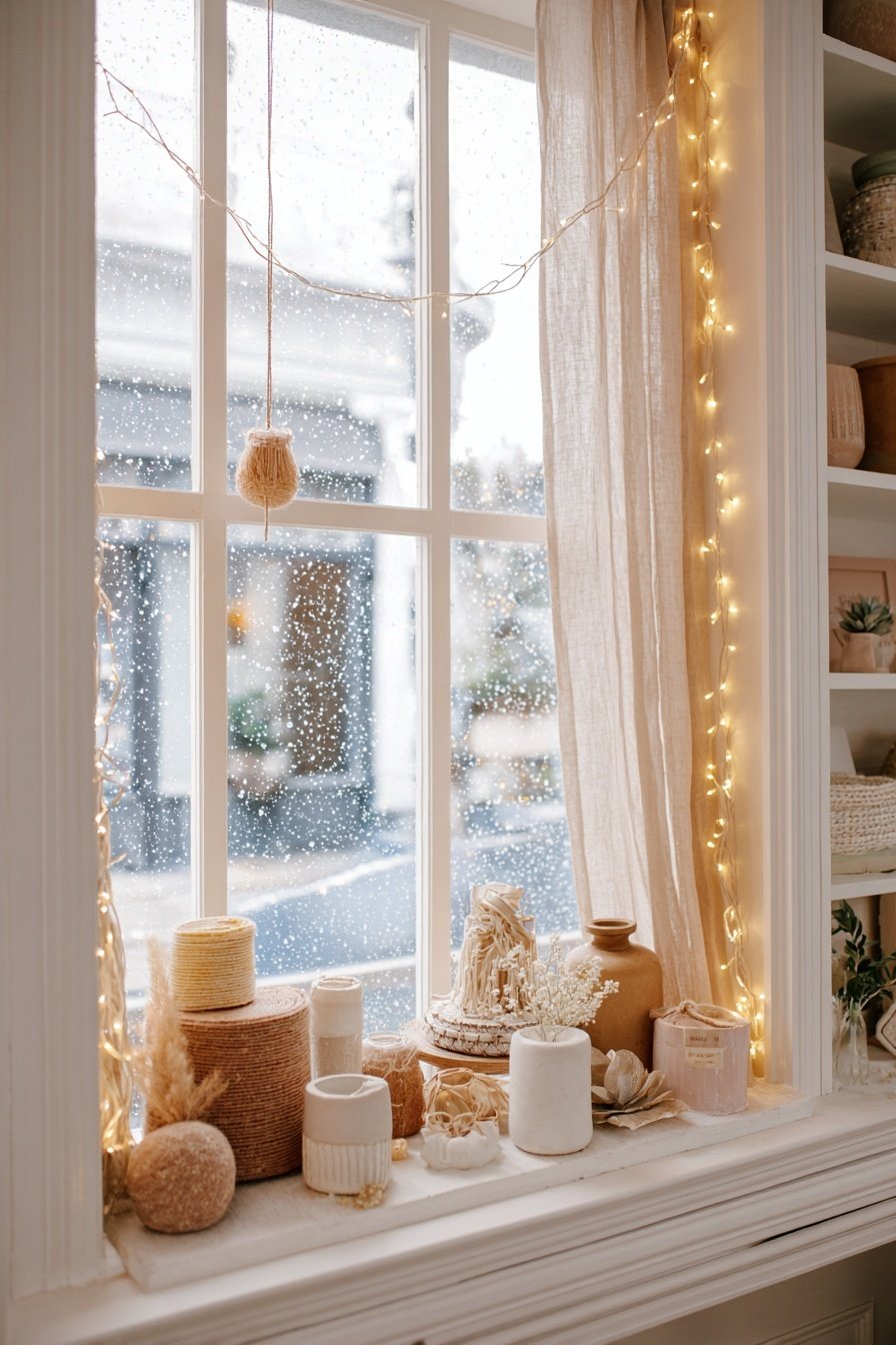 Behaglich dekoriertes Fenster mit Winterdeko in Naturfarben und Lichterkette