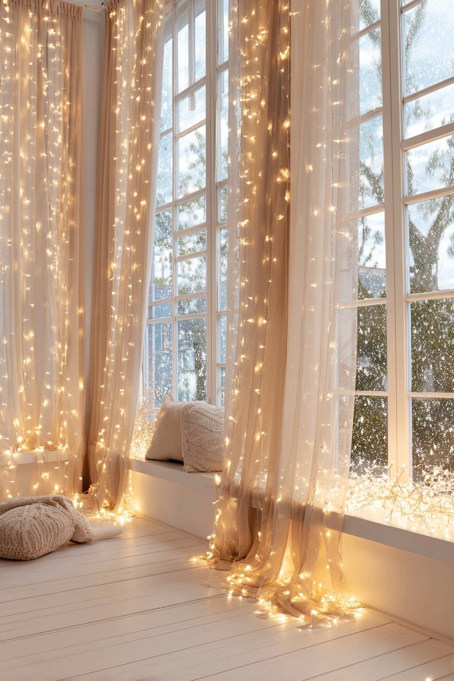 Fenster mit fließenden Vorhängen und warmweiß leuchtenden Lichterketten vor verschneiter Winterkulisse