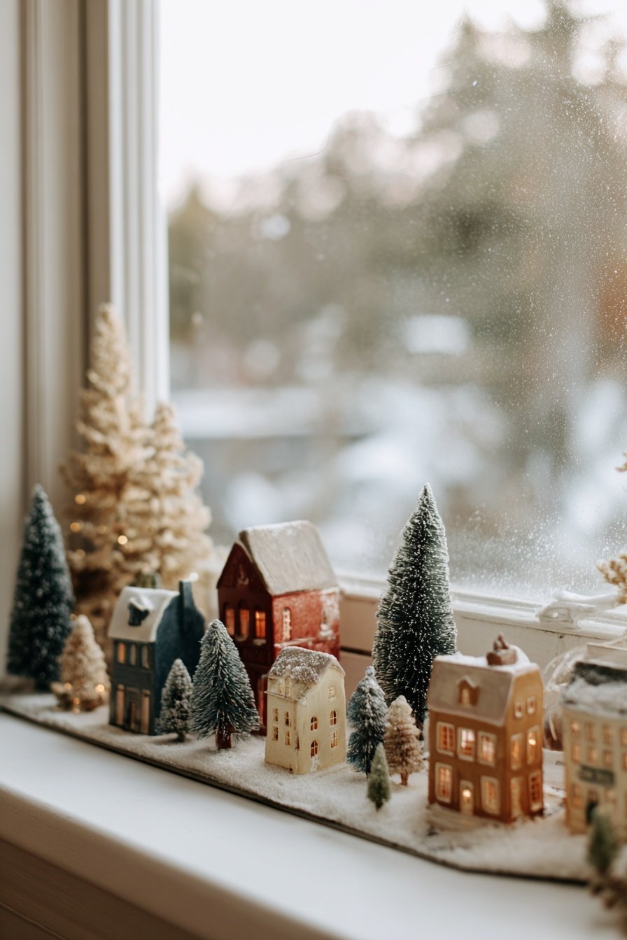 Miniatur-Winterdorf mit leuchtenden Häuschen und Tannenbäumen auf einem Fensterbrett