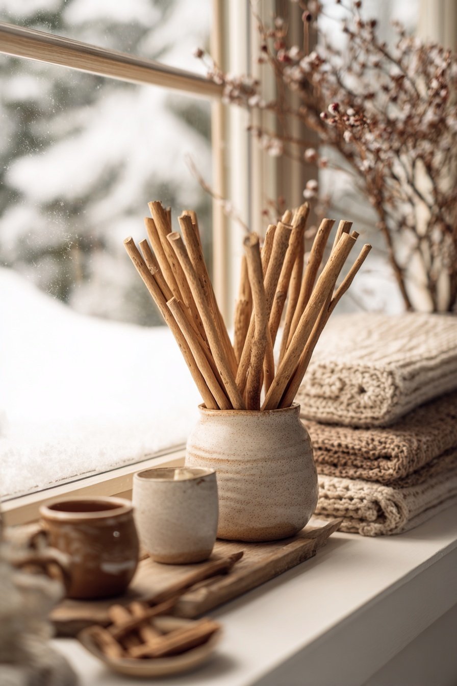 Keramikgefäße mit Holzstäben und gefaltete Strickdecken als Fensterdeko im Winter
