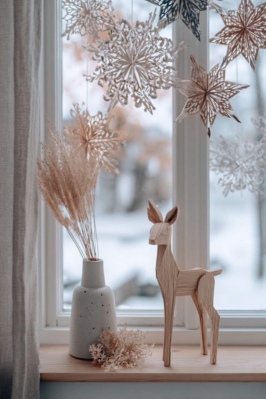 Fensterbank mit Holzdeko, Trockenblumen in Vase und hängenden Schneeflocken
