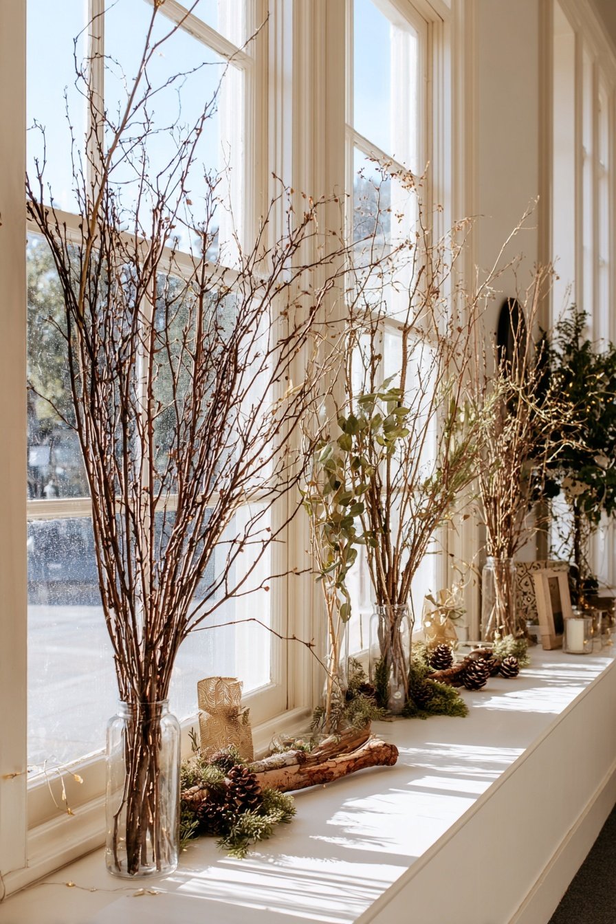 Winterlich dekorierte Fensterbank mit Zweigen, Tannenzapfen und Naturmaterialien