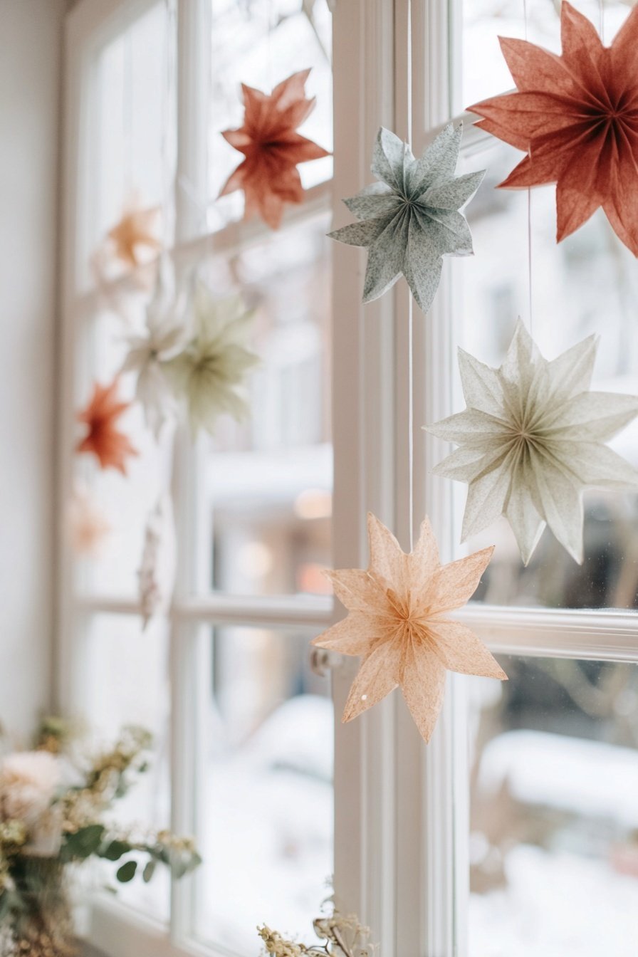 Papiersterne hängen winterlich dekoriert am Fenster