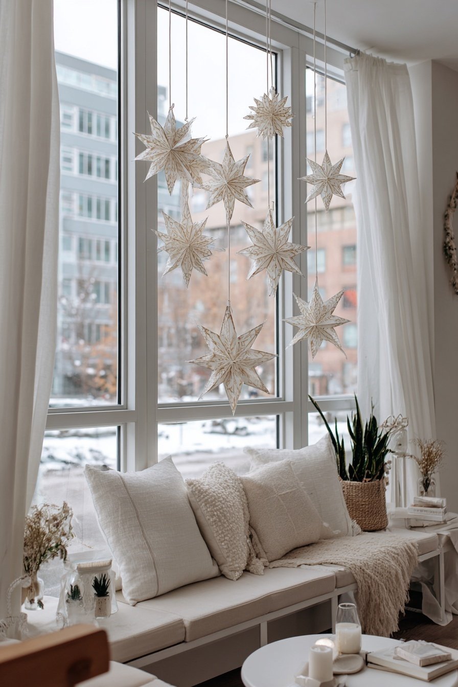 Papiersterne hängen am Fenster vor einem hell eingerichteten Winterwohnzimmer