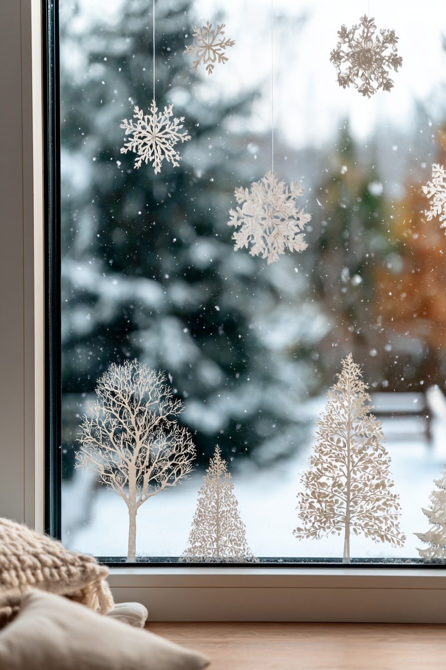Winterlich dekoriertes Fenster mit Papier-Schneeflocken und Baum-Silhouetten