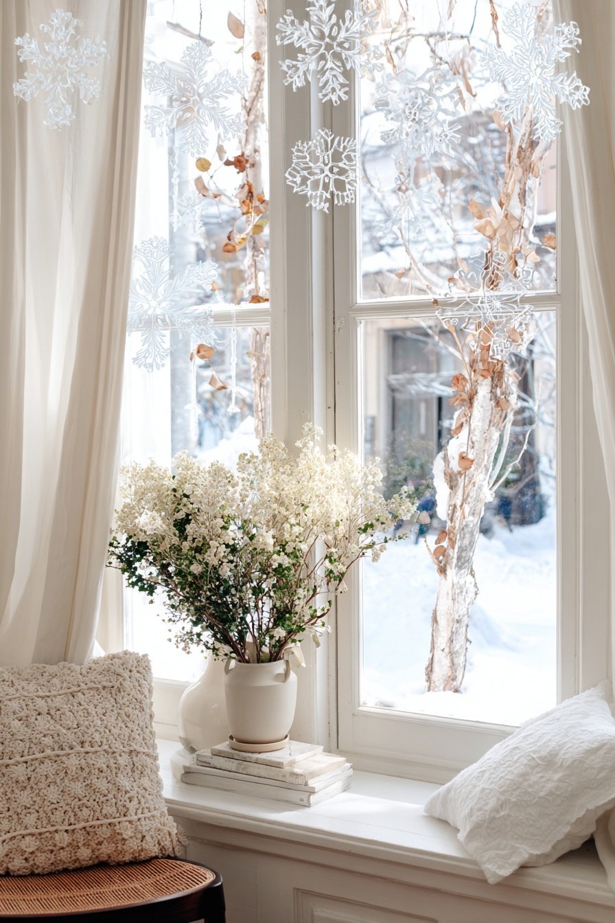 Papier-Schneeflocken am Fenster mit Trockenblumen und winterlichem Ausblick