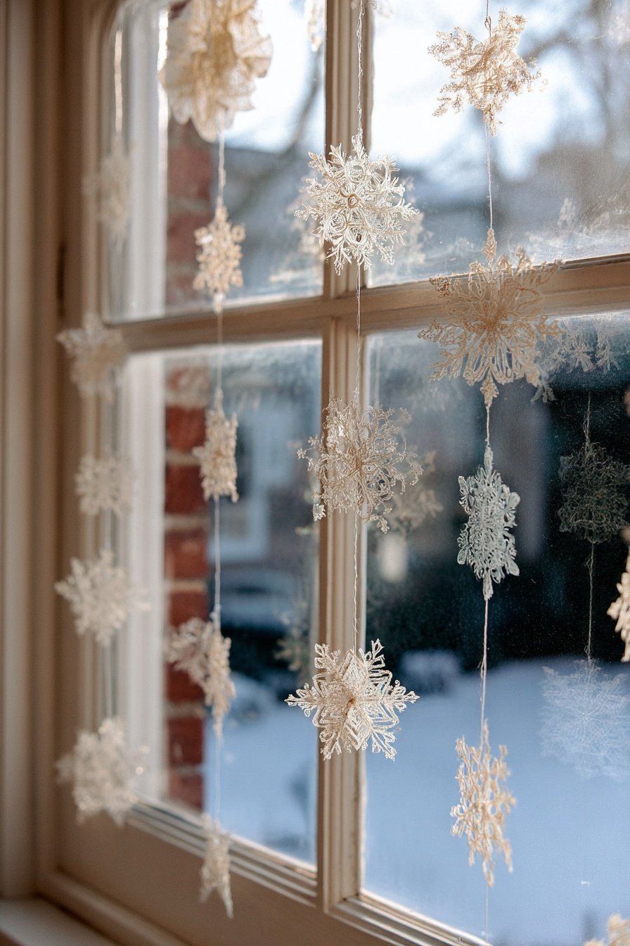 Gehäkelte Schneeflocken als hängende Winterdeko am Fenster
