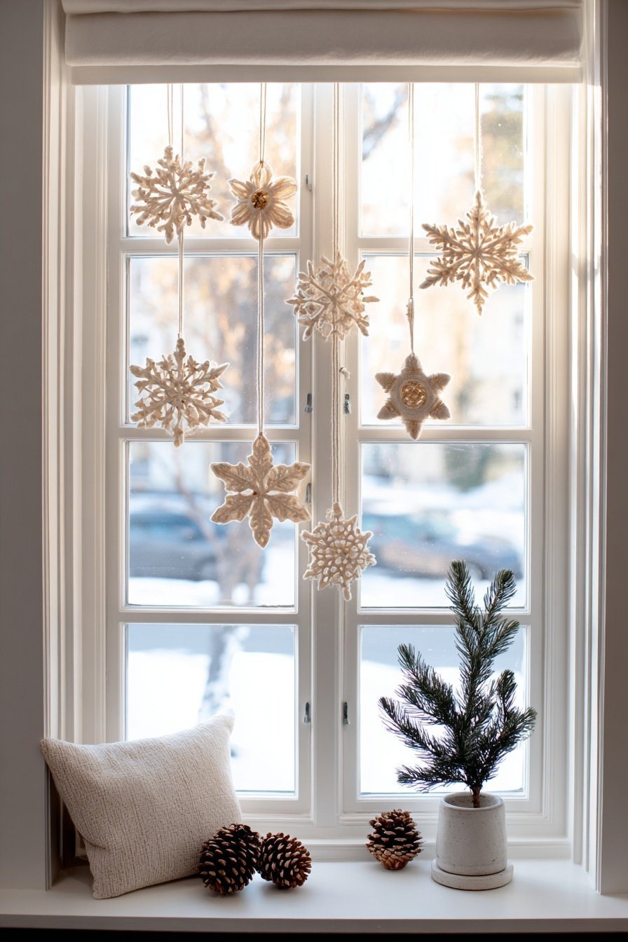 Fenster mit gehäkelten Schneeflocken, Tannenzweig im Topf und Zapfen auf der Fensterbank
