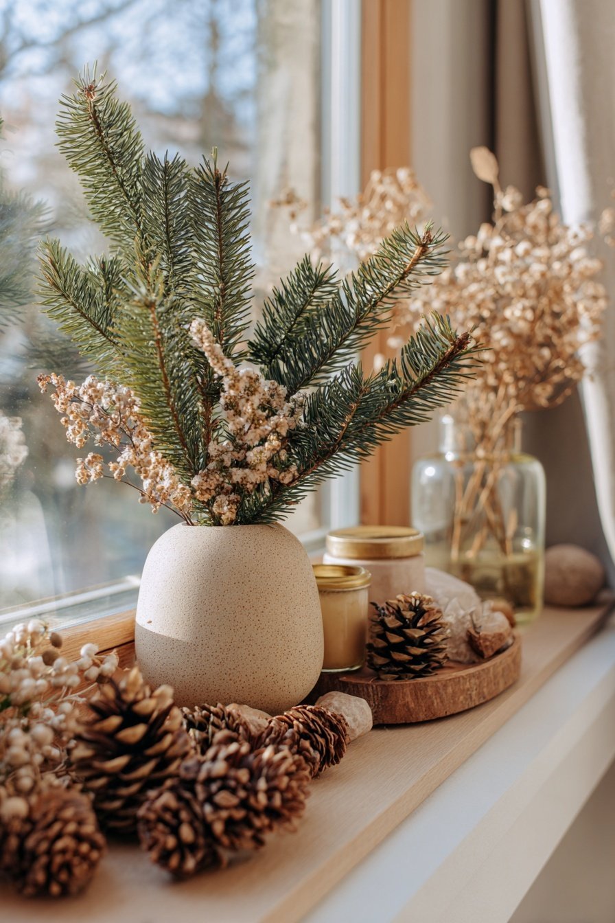 Winterliche Fensterdeko mit Tannenzweigen, Trockenblumen, Kerzen und Zapfen