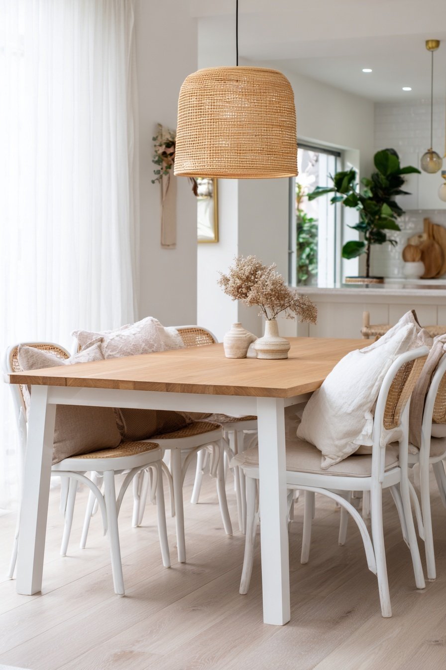 Heller Essbereich mit Holz-Esstisch, Korbstühlen und natürlicher Deko