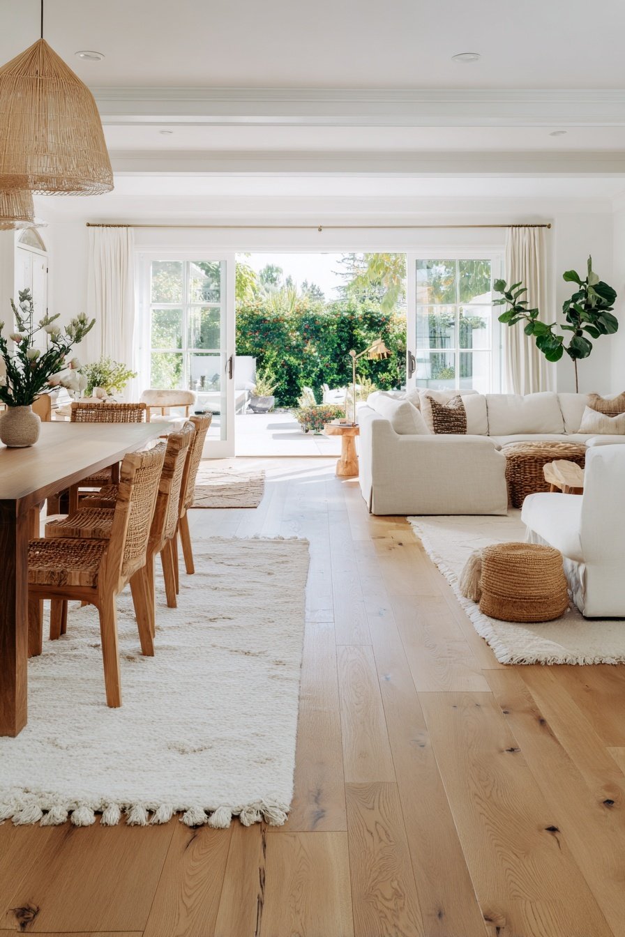 Heller offener Wohn-Essbereich mit Naturmaterialien und Blick in den Garten