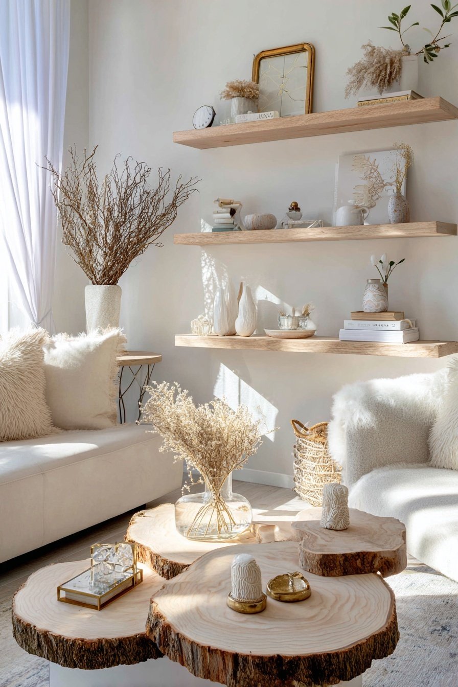 Helles Wohnzimmer mit Holz-Couchtisch aus Baumscheiben, schwebenden Regalen und Trockenblumen