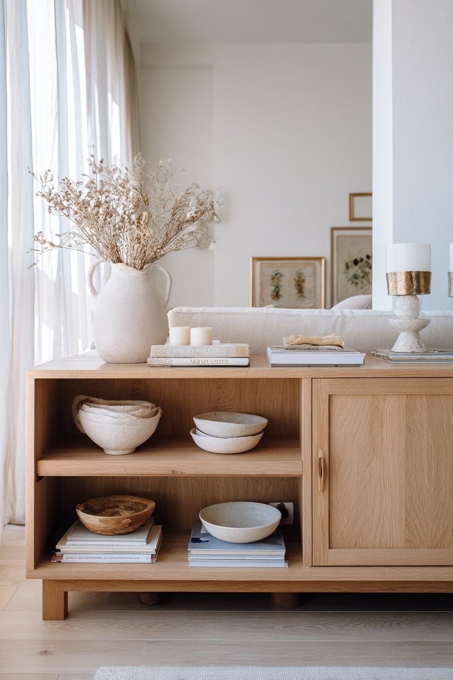 Holzregal mit Keramikschalen, Büchern und Trockenblumen in hellem, modernem Wohnzimmer