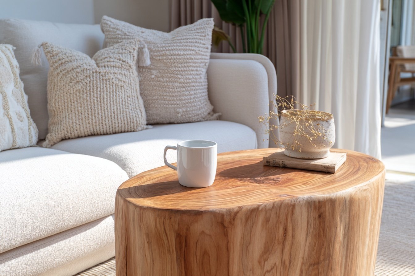 Moderner Wohnzimmertisch aus Holz vor beigem Sofa mit Dekoration