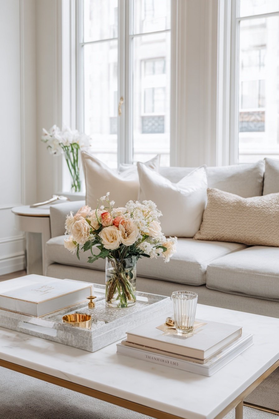 Beiges Luxus-Wohnzimmer mit frischen Blumen, Couch und Couchtisch mit Deko