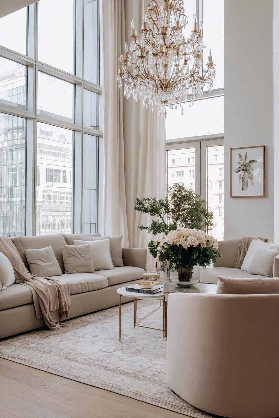 Elegantes Wohnzimmer mit beigen Sofas, Goldakzenten und Kristalllüster