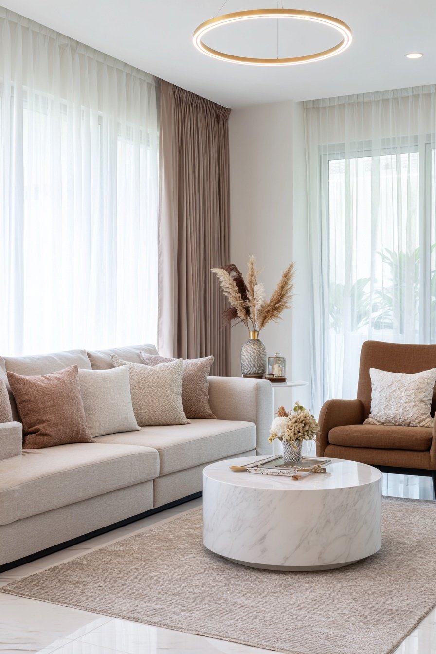 Elegantes Wohnzimmer mit runder Marmor-Couchtisch, heller Couch und Pampasgras-Deko