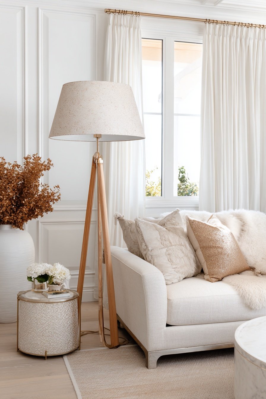 Helles modernes Wohnzimmer mit cremefarbenem Sofa, goldenen Akzenten und Stehlampe aus Holz