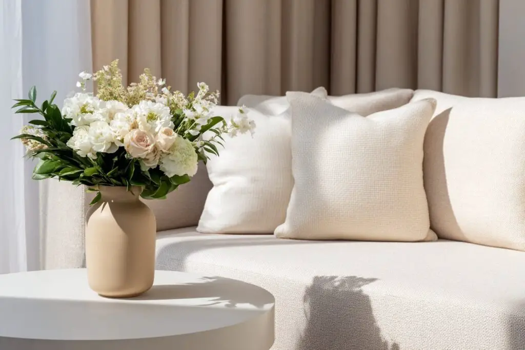 Beiger Blumenstrauß in Vase auf weißem Tisch vor beigem Sofa