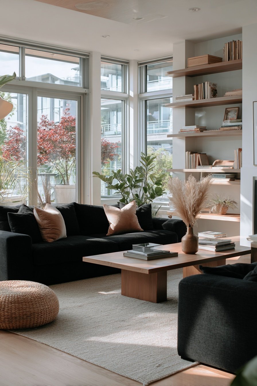 Modernes Wohnzimmer mit schwarzen Sofas, Holzregalen und vielen Pflanzen