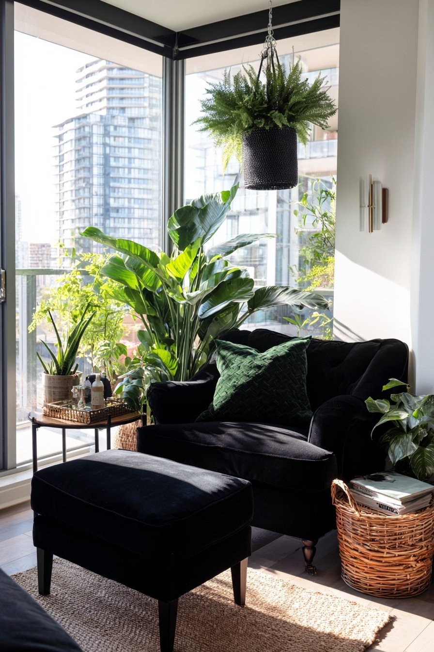 Modernes Wohnzimmer mit schwarzem Sessel, vielen grünen Pflanzen und großer Fensterfront