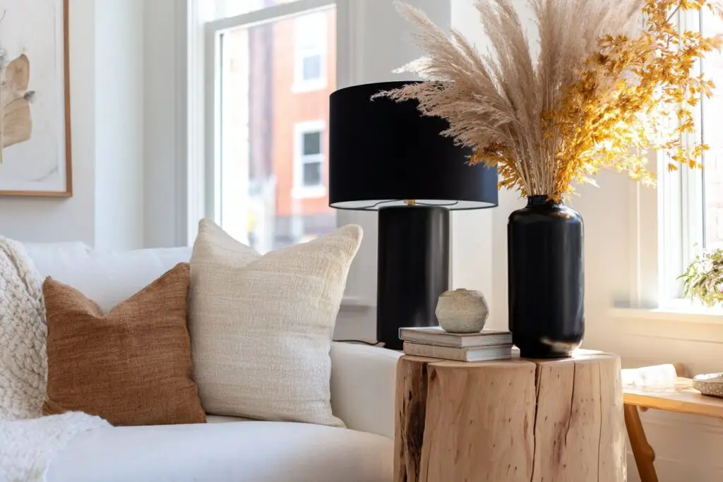 Modernes Wohnzimmer mit schwarzen Accessoires und Holztisch