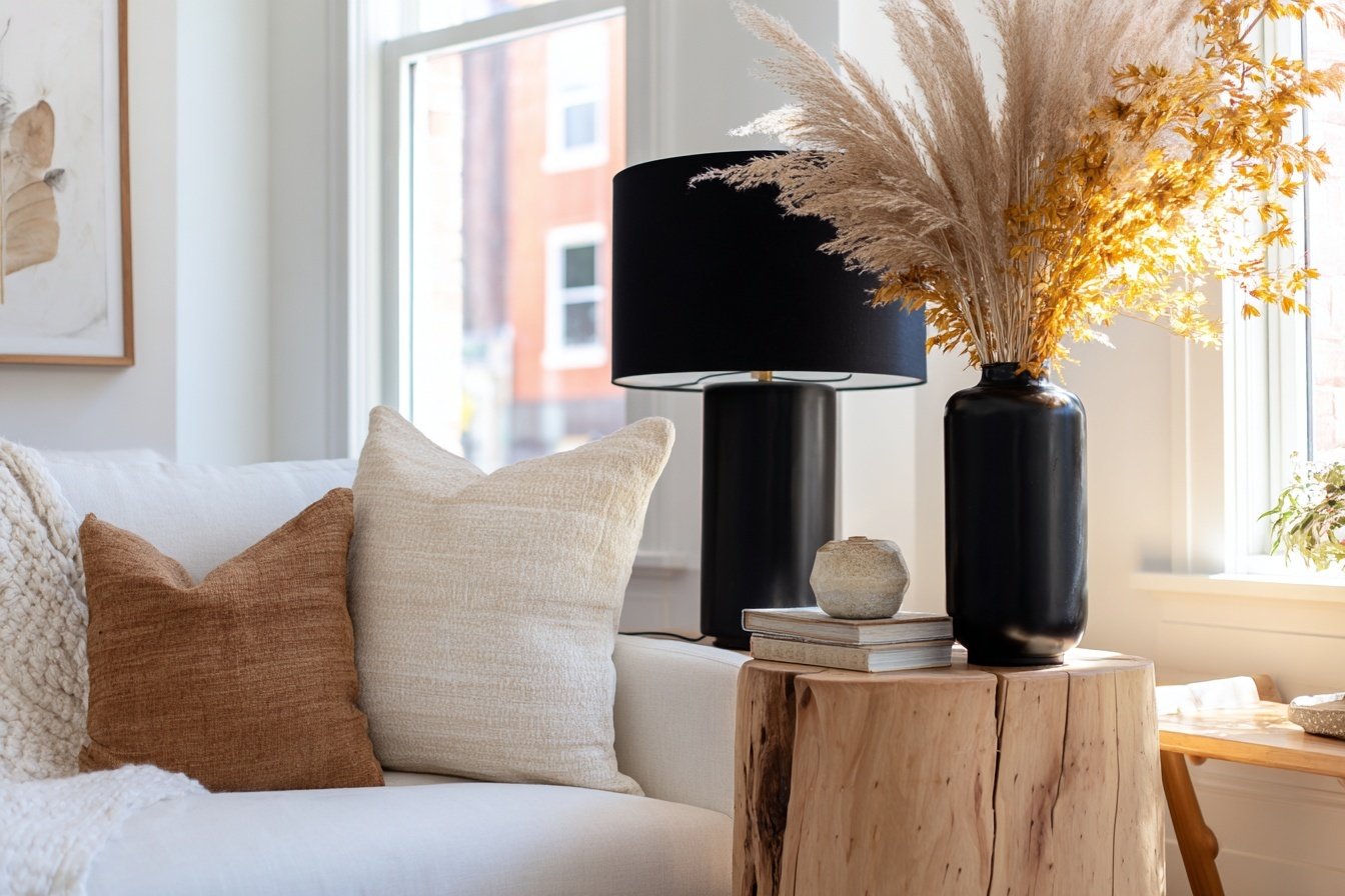 Modernes Wohnzimmer mit schwarzen Accessoires und Holztisch