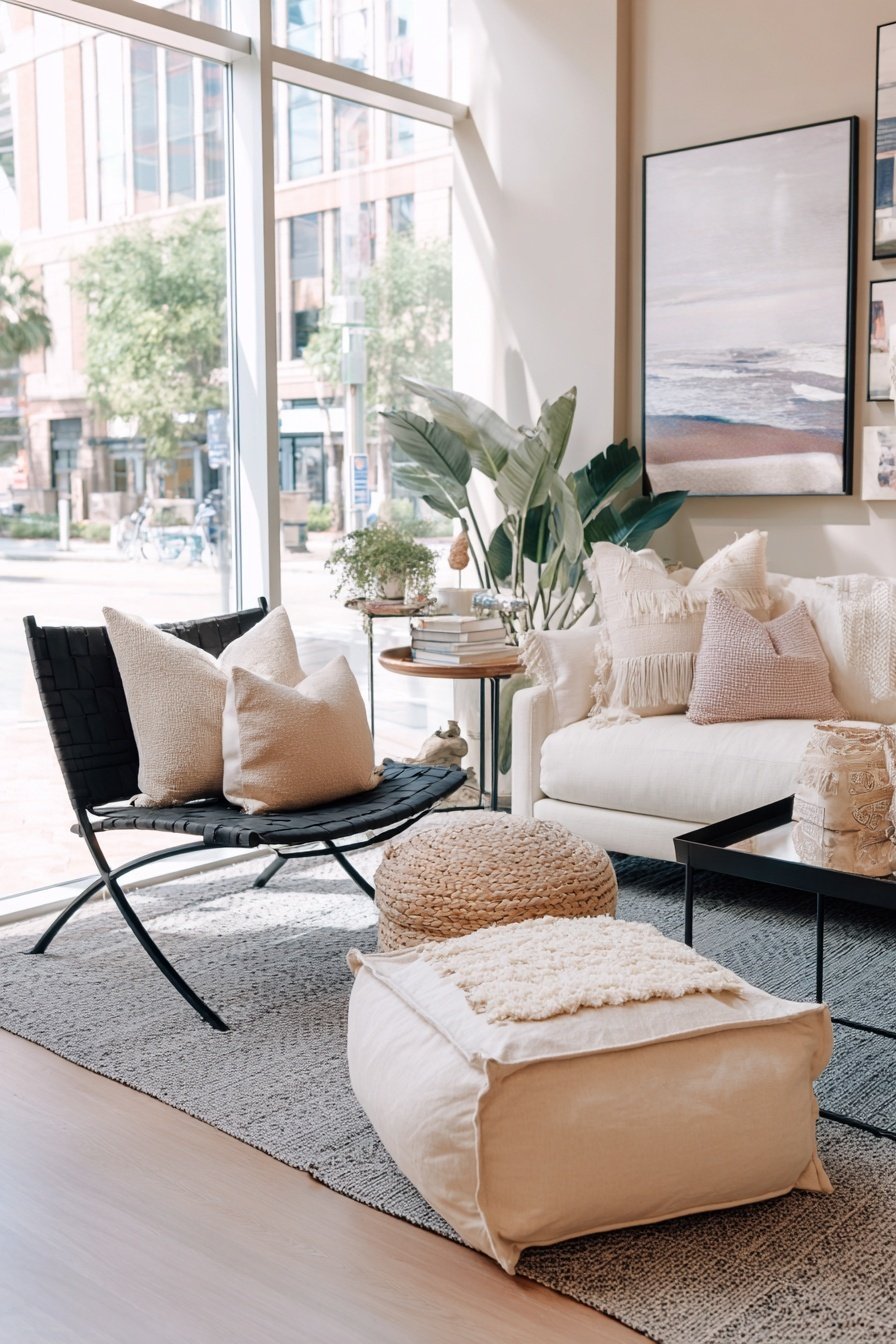 Modernes Wohnzimmer mit schwarzem Stuhl, hellen Textilien und großen Fensterflächen