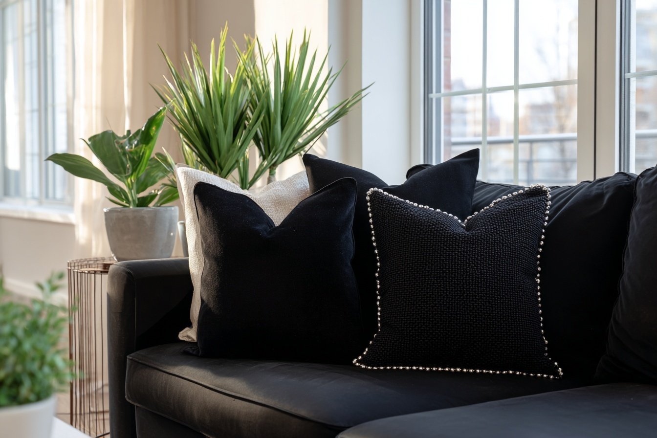 Schwarzes Sofa mit schwarzen Zierkissen und grünen Zimmerpflanzen