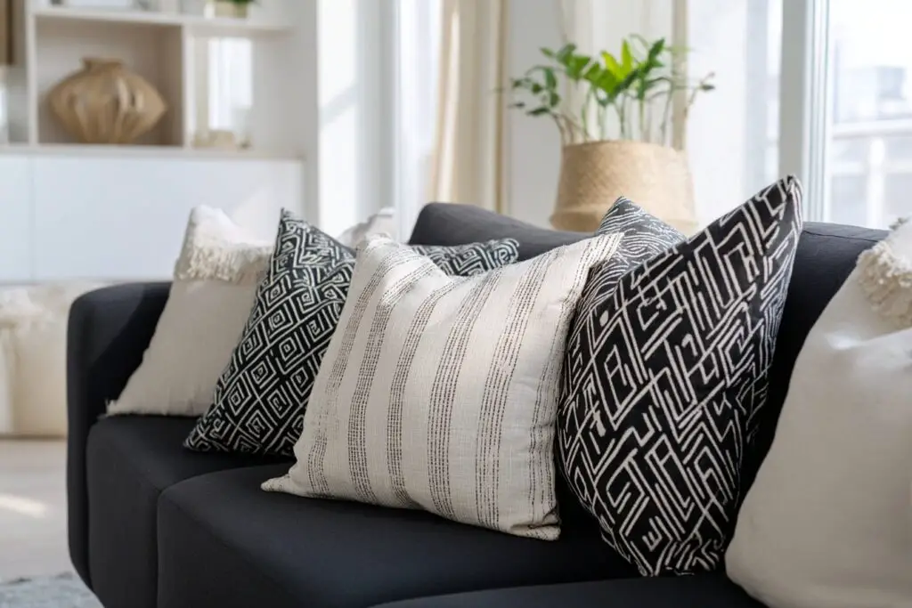 Schwarzes Sofa mit dekorativen Zierkissen in Schwarz und Weiß